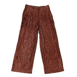 Express High Waisted Sequin Pleated Cropped Trouser Womens Small Brown Wide Leg